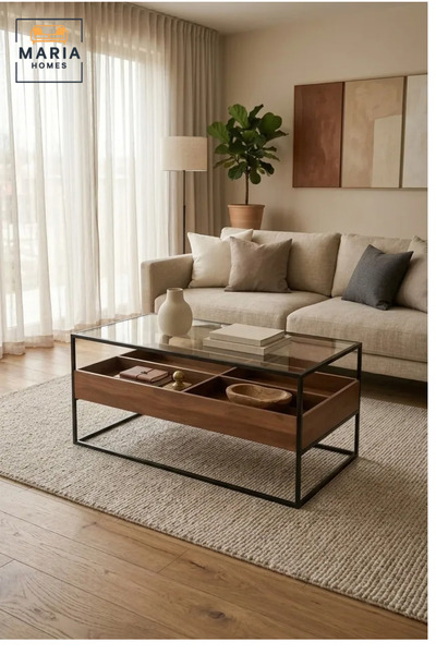 MARIA HOMES طاولة قهوة من خشب الجوز مع سطح زجاجي وإطار معدني أسود - 120×60×45 سم