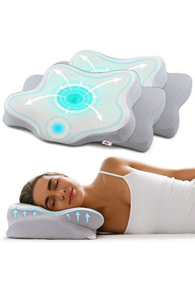Linomag Set of 2 cervical pillows, memory foam, washable cover, 60x38x913cm, ...