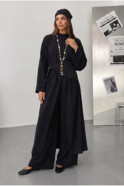 HerTon Women's Belted Kimono Tunic and Wide-Leg Pants 3-Piece Hijab Set