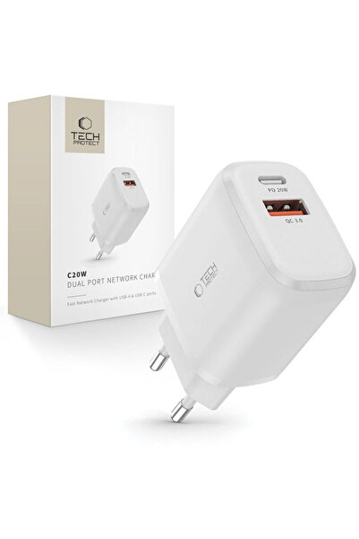Tech-Protect 1xUSB-A + 1xUSB-C QC 3.0 PD 20W Alb