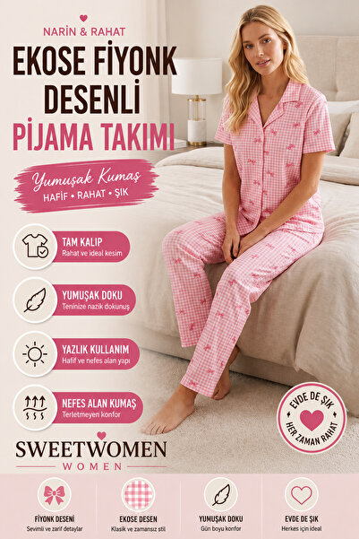 FİT WOMEN SWEETWOMEN Ekose Fiyonk Desenli Kısa Kollu Pijama Takımı Kadın Düğm...