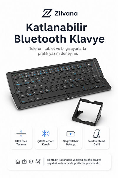 Zilvana Katlanır Bluetooth Kablosuz Klavye Alüminyum Alaşımlı Taşınabilir Tel...