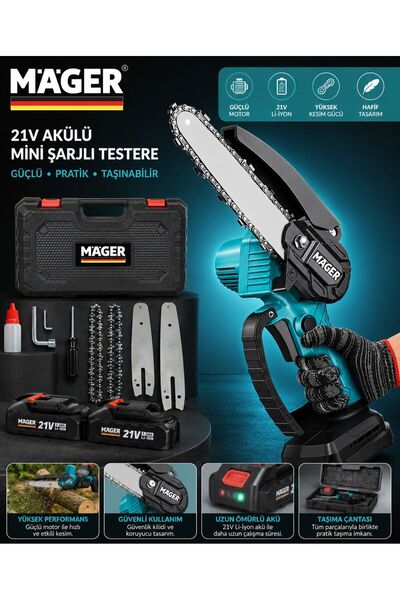 Mager 21 Vat Çift Akülü Çantalı Şarjlı Dal Ağaç Kesim Budama Bıçkı Makinası