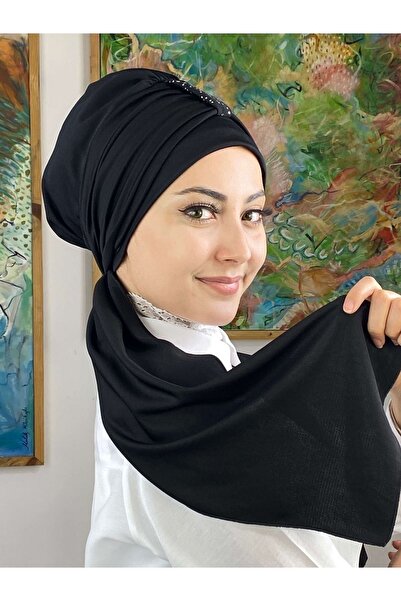 BUTİKAMBAR Hürrem Taşlı Tek Biritli Atkılı Siyah Bone