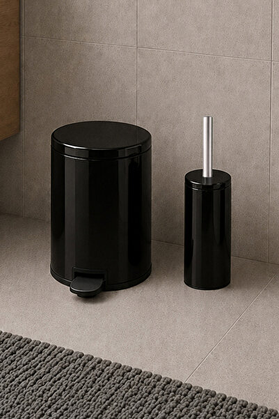 Prima Nova Cigo 2'li Banyo Seti Çelik Çöp Kovası + Tuvalet Fırçası - Siyah