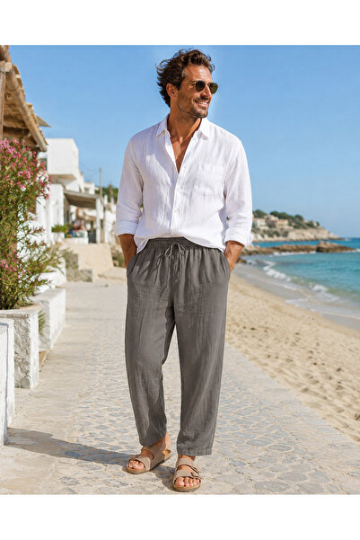 TECHTACT Men's 100% Cotton Muslin Tapered Leg Trousers, Relaxed Fit, Pockets,...