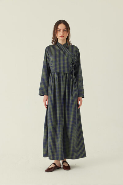 ZÜLAYS Double-Breasted Plaid Patterned Dress Khaki