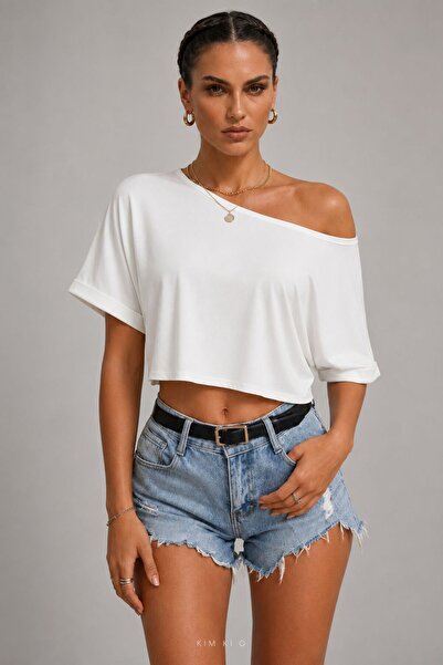 KİM Kİ O KADIN KAYIK YAKA CROP TOP TEK OMUZ CROP ASİMETRİK CROP