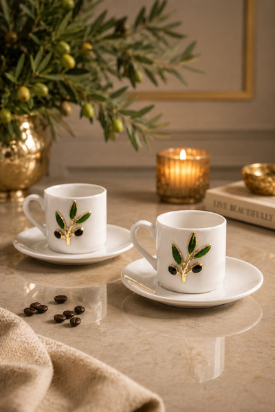 YzHome White Porcelain Olive Branch Coffee Cup Set - 2 Person, 100ml Presenta...