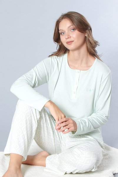 FLZ Women's Long Sleeve Pajama Set, Buttoned, Stylish Patterned, Comfortable ...