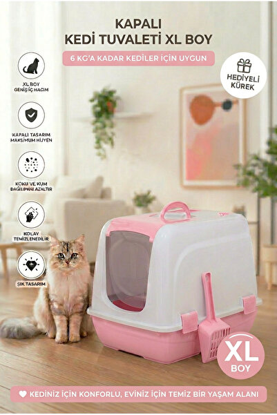 Kurtbay Şekil Flex Kapalı Kedi Tuvaleti – 37,5 x 50 x 40 cm, XL boy, Kum Küre...