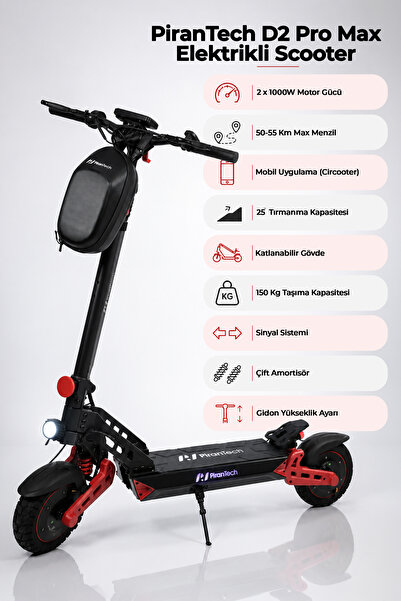 PiranTech D2PROMAX Elektrikli Scooter 2000W Kırmızı | Mobil Uygulama | Çift A...