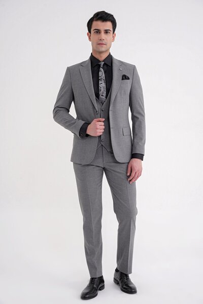 Efor Slim Fit Çift Yırtmaç Ekoseli Esnek Yünlü Yelekli Klasik Füme Takım Elbi...