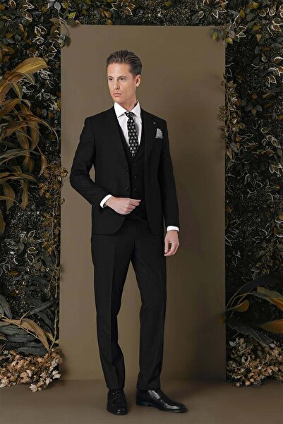 Efor Slim Fit %97 Yün Esnek Siyah Yelekli Takım Elbise TK 881