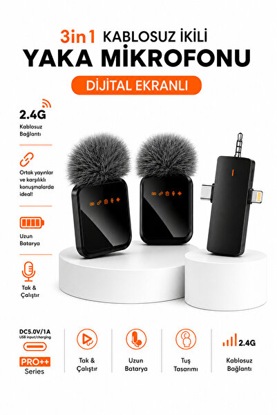 Ayers 3’ü 1 Arada Kablosuz İkili Yaka Mikrofonu, 2.4G Dijital Ekranlı Kablosu...
