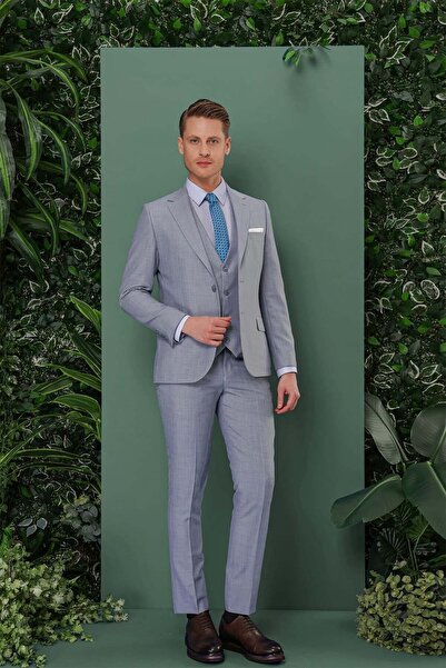 Efor Slim Fit Çift Yırtmaç Düz Gri Mavi Yelekli Takım Elbise TK 872