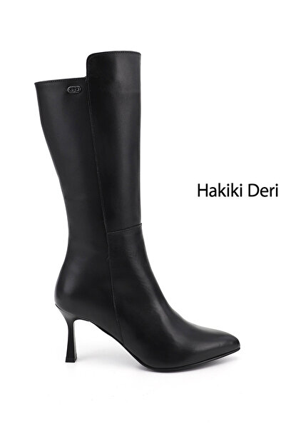 GÖNDERİ(R) Women's Black Zippered Pointed Toe Genuine Leather Boots