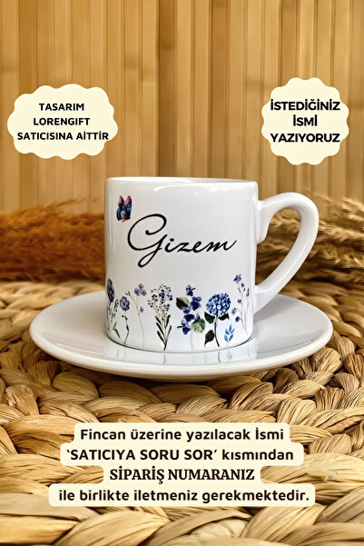Mavi Bahar Temalı Kişiye Özel İsimli Türk Kahvesi Fincanı – Porselen 90 ml