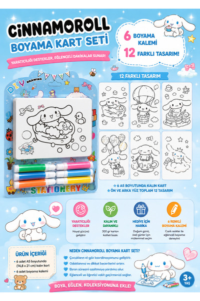 Pembe Yayınevi Cinnamoroll Boyama Seti - Çocuklar İçin Boyama Kartları