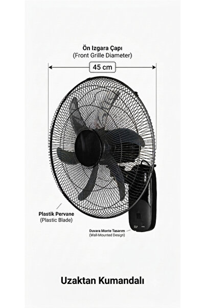 by forever Master Duvar Vantilatörü 18” 6 Hız Ayarı Uzaktan Kumandalı 60 W 3 ...