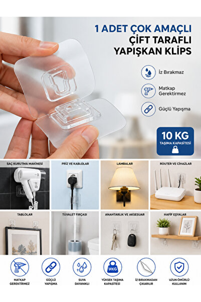 NAR ZÜCCACİYE 1 Adet Çift Taraflı Yapışkanlı Geçmeli Klips Eşya Sabitleme Ask...