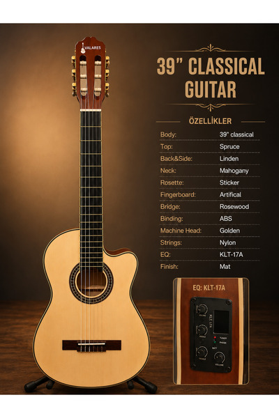 valares Profesyonel Seri QCG2305 39” Elektro Mat Klasik Gitar KLT-17A EQ (sah...