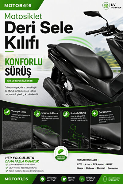 Motobros Motosiklet Deri Sele Kılıfı Motor Koltuk Kılıfı Honda PCX - Activa - Jupiter - NMAX - Spacy - Blueberry - Bluebird - Cappucino Uyumlu Deri Su Geçirmez UV Korumalı