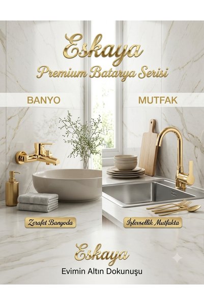 ESHOME Eskaya 2 li Set Kaliteli Gold Renk Lüx Gövde Banyo Ve Banyo Lavabo Musluğu Bataryası