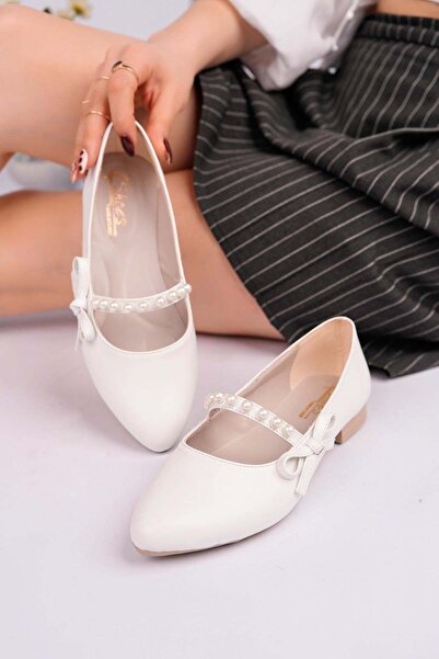 Nesil Shoes Balerini de damă Ceylan 360 cu detalii alb perlat