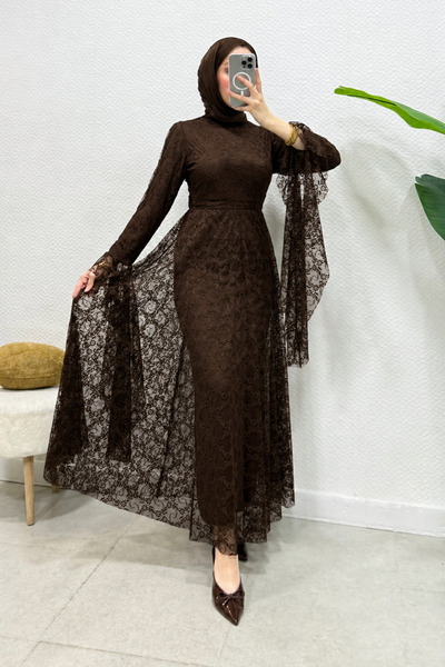 Abiye Diyarı Zelal Kuşaklı Dantel Kumaş Astarlı Tesettür Abiye