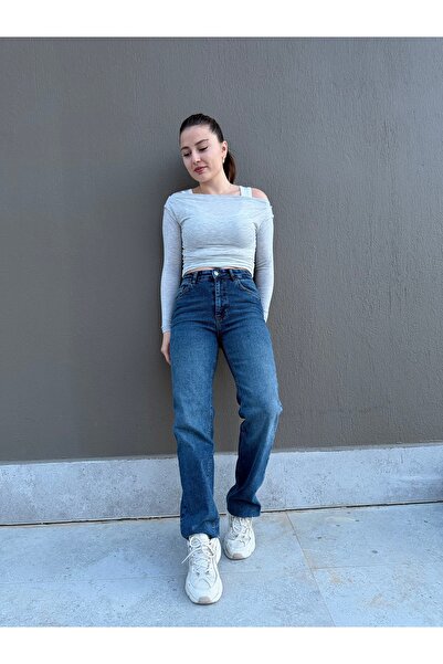 rimas Women's High Waist Straight Fit Dark Blue Jean Trousers