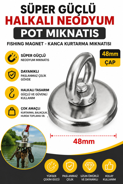 Dünya Magnet Süper Güçlü 48mm Halkalı Neodyum Pot Mıknatıs Fishing Magnet Kan...