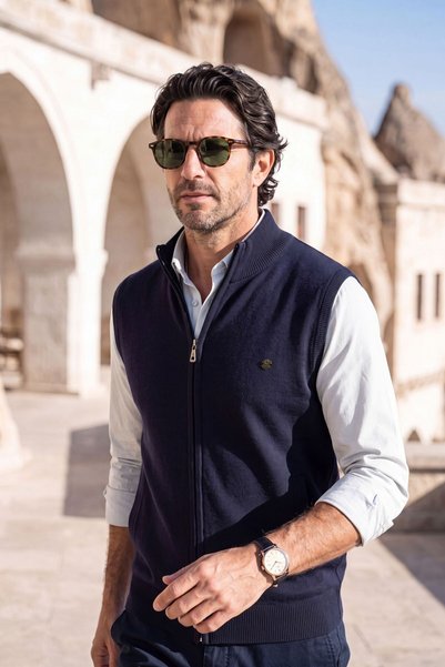 Çizgi Triko Men's Half Turtleneck with Pocketed Zippers Navy Blue Vest Classic Fit - 5200J