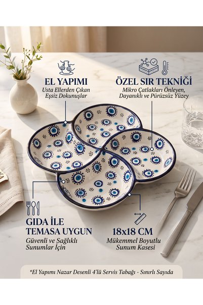 Zera Dizayn 4-Compartment White Evil Eye Beaded Handmade Ceramic Snack Bowl, Jam Bowl, Sauce Bowl & Breakfast Bowl