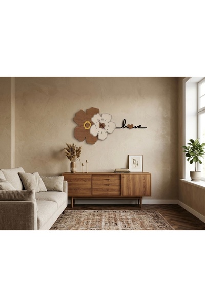 Runc Design Love Yazılı Çiçek Tasarımlı Ahşap Duvar Saati - Modern Salon Deko...