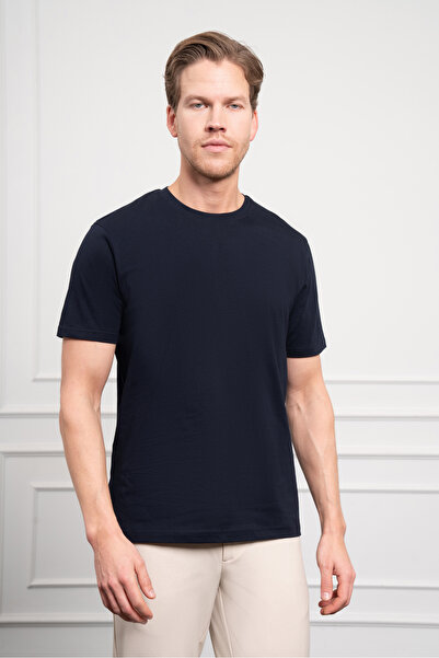 Morven Pánske bavlnené tričko v námorníckej modrej Basic Crew Neck Dynamic Fit