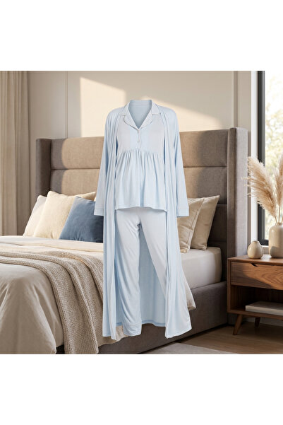 Lady Lingerie طقم بيجامة للحوامل مع روب طويل من 3 قطع - بلوزة للرضاعة بأزرار ...