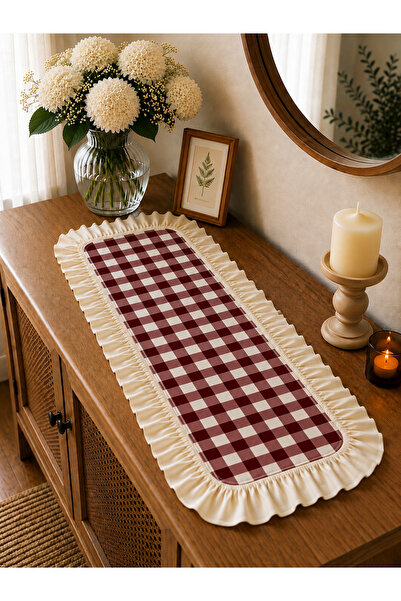 ŞAH TEXTILE DESIGN 30x80 keten fırfırlı pötikare runner konsol örtüsü