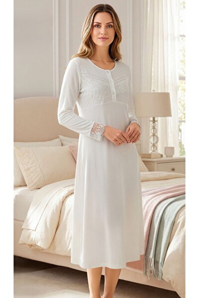 FLZ Lace Detailed Long Sleeve Women's Nightgown – Classic Tunic with 3 Button...