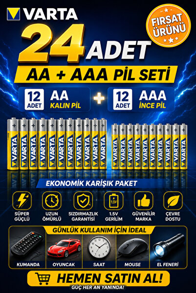ANI OFİS KIRTASİYE A K AA + AAA Pil 24'lü Set (12 AA + 12 AAA) 1.5V – Ekonomi...