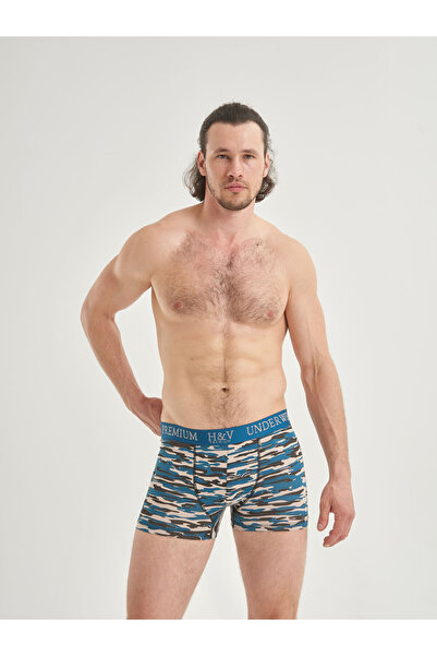 Mercan Blue Camouflage Patterned Cotton Boxer Shorts - No Sweat Absorption - ...