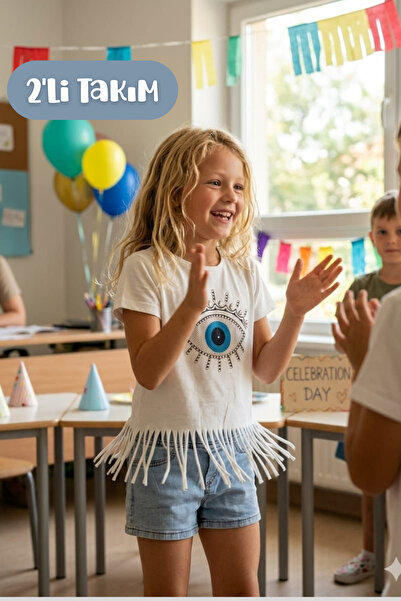 Hilal Akıncı Kids Devojčica, boemski stil, majica sa otisnutim očima i džins ...
