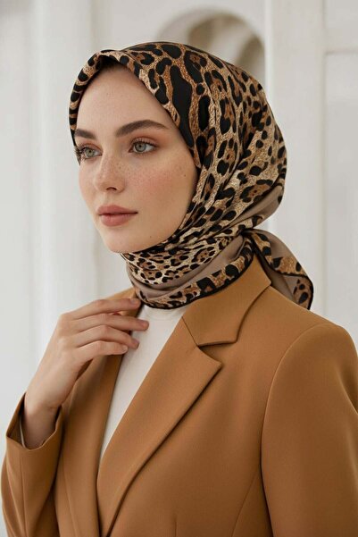 Vissona %100 Twill İpek Leopar Desenli Vizon Renkli 90x90 Eşarp Dikim Şekli :...