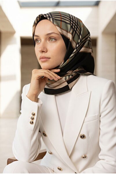 Vissona %100 Twill İpek Ekose Desenli Çağla Yeşili Renkli 90x90 Eşarp Dikim Ş...