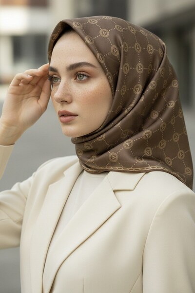 Vissona %100 Twill İpek Monogram Desenli Sütlü Kahve Renkli 90x90 Eşarp Dikim...