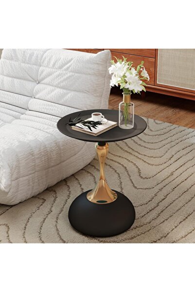 Shangxing Modern Round Side Table, Gold Metal Pedestal Nightstand with Black ...