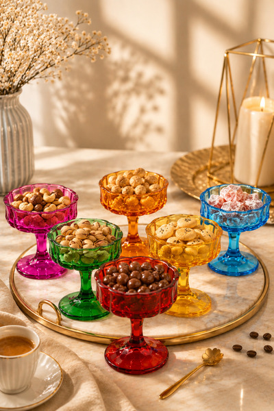 YzHome 6-Piece Glass Colored Footed Coffee Side Dish Turkish Delight Bowl Bre...