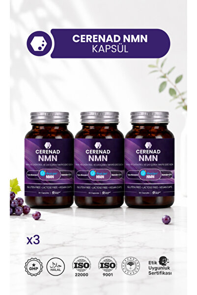 Cerenad NMN 3'Lü, Lipozomal NMN, CoQ10, Resveratrol, Çinko ve C vitamini içer...