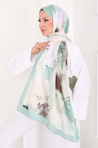 TOFİSA Șal din bumbac din seria Pastel Flora - 27857-MINT