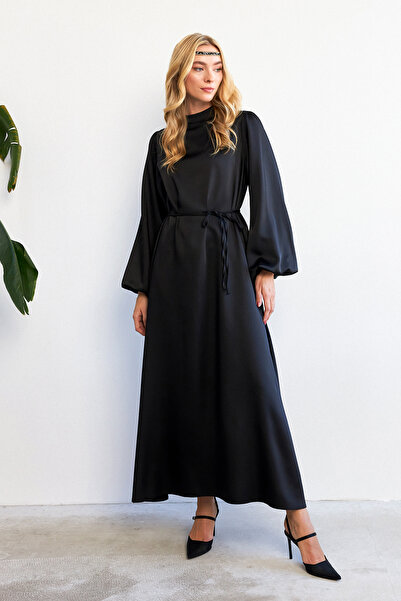 VAVİNOR Balon Sleeve Satin Evening Dress - Black